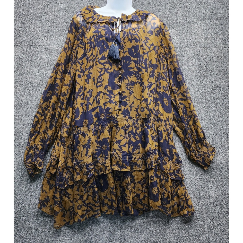 Anthropologie Women Cupro Modal Floral Boho Tassel Tiered Ruffle Mini Dress L